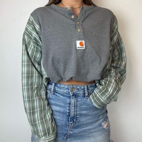 Carhartt Reworked Henley Long Sleeve Relaxed Western Green Plaid Shirt Top - Picture 1 of 4